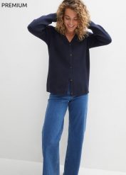 Sweter rozpinany z dzianiny Milano w prążek. Niebieskie kardigany bonprix, bez wzorów, z dzianiny. Za 114.99 zł.
