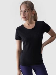 4F T-shirt slim z nadrukiem damski - czarny L. Czarne t-shirty 4f, l, bez wzorów, z bawełny, bez kołnierzyka, bez ramiączek. W wyprzedaży za 39.99 zł.