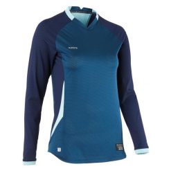 Koszulka do piłki nożnej z długim rękawem damska Kipsta krój slim. Niebieskie bluzki KIPSTA, xl, bez wzorów, z materiału, sportowe, bez kołnierzyka, bez ramiączek. Za 129.99 zł.