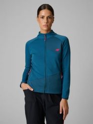 4F Bluza trekkingowa slim bez kaptura damska - turkusowa S. Niebieskie bluzy 4f, na lato, l, bez wzorów, z materiału, bez kaptura. Za 199.99 zł.