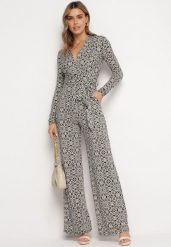 Biało-Czarny Wzorzysty Kombinezon z Długim Rękawem i Szerokimi Spodniami z Wiązaniem w Pasie Vilati. Czarne sukienki Born2be, l, bez wzorów, eleganckie, bez kołnierzyka, bez ramiączek. Za 149.99 zł.