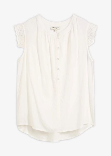 Bluzka z wiskozy. Białe bluzki bonprix, bez wzorów, z wiskozy, eleganckie, bez kołnierzyka, bez ramiączek. Za 59.99 zł.