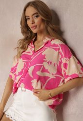 Różowa Kwiecista Bluzka z Krótkimi Rękawami Andresa. Czerwone bluzki Renee, xl, bez wzorów, bez kołnierzyka, bez ramiączek. W wyprzedaży za 31.49 zł.
