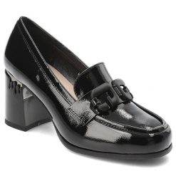 Czarne Półbuty S.Barski Eleganckie Lakierowane Obuwie Damskie. Czarne czółenka S.BARSKI, bez wzorów, z lakierowanej skóry, bez obcasa, na obcasie, bez zapięcia. Za 254.99 zł.