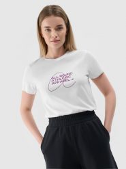 4F T-shirt slim z nadrukiem damski - biały XS. Białe t-shirty 4f, xs, bez wzorów, z bawełny, bez kołnierzyka, bez ramiączek. W wyprzedaży za 29.99 zł.