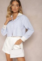 Niebieska Koszula o Skróconym Fasonie z Cyrkoniami Levima. Niebieskie koszule Renee, m, bez wzorów, z jeansu, eleganckie, bez kołnierzyka, bez ramiączek. Za 69.99 zł.