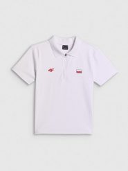 4F Koszulka kibica polo damska - biała M. Białe koszulki polo 4f, m, bez wzorów, z materiału, bez kołnierzyka, bez ramiączek. Za 99.99 zł.