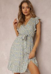 Niebiesko-Żółta Sukienka z Paskiem Althia. Niebieskie sukienki Renee, l, bez wzorów, z tkaniny, bez kołnierzyka, bez ramiączek, mini, kopertowe. Za 59.99 zł.