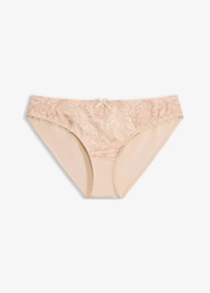 Figi z delikatną koronką. Brązowe figi bonprix, bez wzorów, z koronki. Za 42.99 zł.