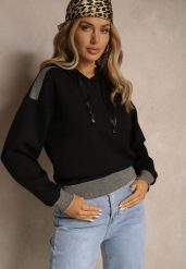 Czarna Bluza z Kapturem Ozdobiona Ściągaczami i Metaliczną Nitką Ulisiela. Czarne bluzy Renee, l, bez wzorów, z jeansu, z kapturem. Za 69.99 zł.