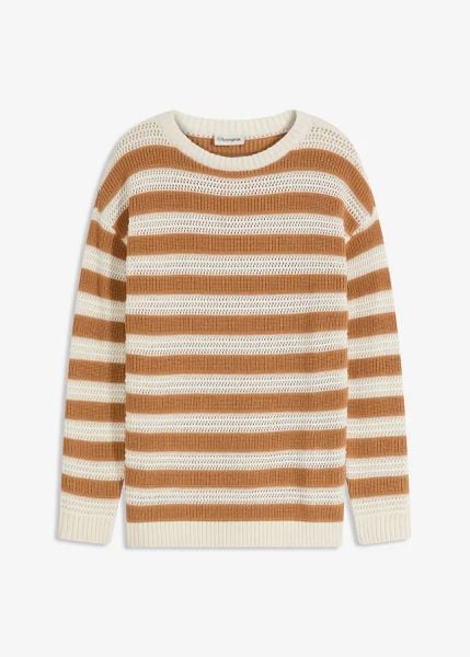 Sweter oversize z czystej bawełny. Brązowe swetry bonprix, bez wzorów, z bawełny, bez ramiączek. Za 112.99 zł.
