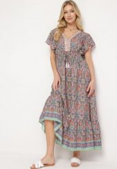 Pomarańczowa Sukienka w Stylu Boho z Cienkimi Gumkami w Pasie Ozdobiona Frędzlami Vitessa. Niebieskie sukienki Born2be, s, bez wzorów, boho, bez kołnierzyka, bez ramiączek, maxi. Za 79.99 zł.