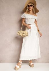 Biała Bawełniana Rozkloszowana Spódnica z Haftem Podszewką i Gumką w Pasie Illonica. Białe spódnice Renee, na imprezę, l, bez wzorów, z bawełny, eleganckie, maxi, dopasowane. Za 109.99 zł.