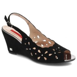 Czarne Sandały Libero Eleganckie Skórzane Buty Damskie. Czarne sandały Libero, w ażurowe wzory, ze skóry, eleganckie, bez obcasa, na koturnie, bez zapięcia. Za 189.00 zł.