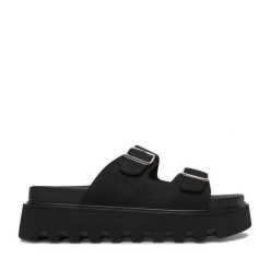 Klapki JENNY. Czarne klapki Jenny, bez wzorów, bez obcasa. Za 129.99 zł.