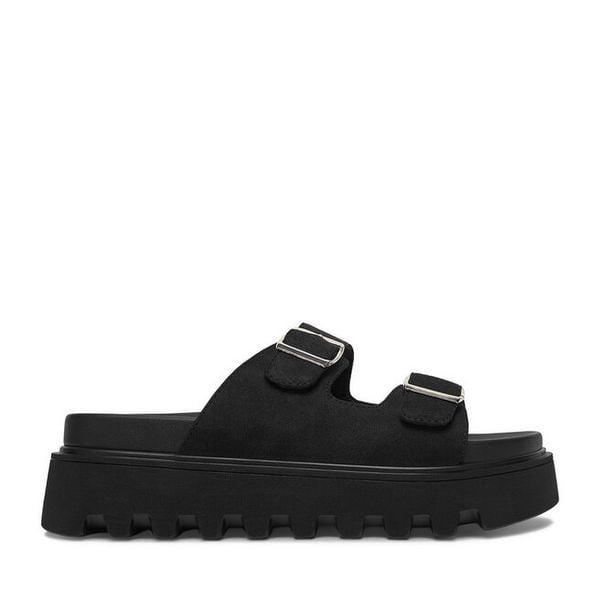 Klapki JENNY. Czarne klapki Jenny, bez wzorów, bez obcasa. Za 129.99 zł.