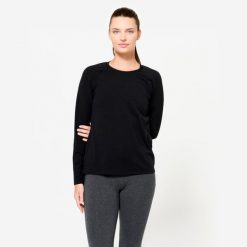 Koszulka z długim rękawem damska Domyos Gym & Pilates. Czarne bluzki DOMYOS, xl, bez wzorów, z bawełny, sportowe, bez kołnierzyka, bez ramiączek. Za 49.99 zł.
