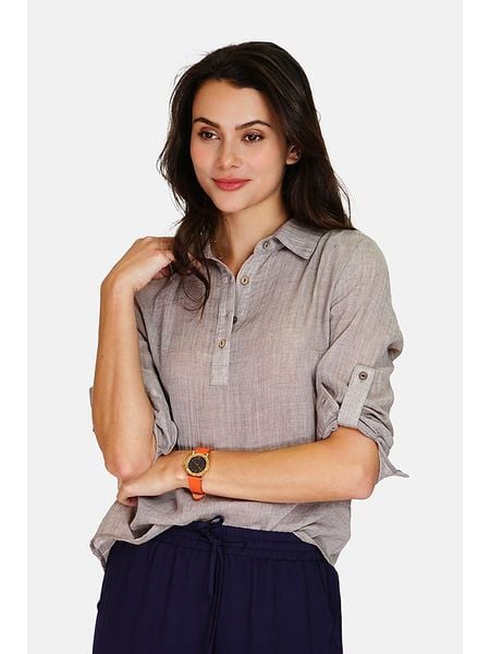 Le Jardin du Lin Lniana bluzka w kolorze szarobrązowym rozmiar: 38. Brązowe bluzki Le jardin du lin, bez wzorów, ze lnu, klasyczne, bez kołnierzyka, bez ramiączek. Za 158.95 zł.