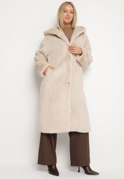 Beżowy Płaszcz Pluszowy z Kapturem Zereta. Brązowe płaszcze Born2be, na jesień, l, bez wzorów, z jeansu, z kapturem. Za 264.99 zł.