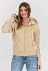 GUESS Beżowa damska bluza Hood Studs Logo, Rozmiar S. Brązowe bluzy Guess, s, z aplikacjami, z elastanu, bez kaptura. W wyprzedaży za 359.99 zł.