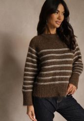 Brązowy Sweter z Dodatkiem Wełny Ozdobiony Paskami Liatella. Brązowe swetry Renee, bez wzorów, z jeansu, bez ramiączek. Za 119.99 zł.