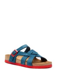 Comfortfusse Skórzane klapki w kolorze niebiesko-czerwonym rozmiar: 39. Czerwone klapki Comfortfüße, bez wzorów, z nubiku, z otwartym noskiem, bez obcasa. Za 240.43 zł.