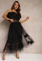 Czarna Spódnica High Waist z Gumką w Talii o Siateczkowym Wykończeniu Vikkissa. Czarne spódnice Renee, na spotkanie biznesowe, m, bez wzorów, eleganckie, maxi, dopasowane. Za 119.99 zł.