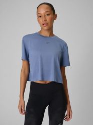 4F Koszulka do biegania szybkoschnąca damska - niebieska XS. Niebieskie koszulki sportowe 4f, bez wzorów, z materiału, bez ramiączek, do biegania. Za 119.99 zł.