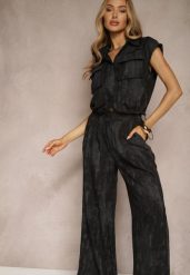 Czarny Komplet Spodnie o Szerokim Kroju i Koszula z Kieszeniami Greltebis. Czarne koszule Renee, m, bez wzorów, eleganckie, bez kołnierzyka, bez ramiączek. Za 189.99 zł.