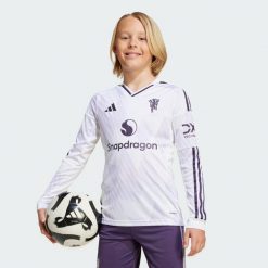 Koszulka Manchester United 25/26 Long Sleeve Away Jersey. Białe bluzki Adidas, bez wzorów, z jersey, sportowe, bez kołnierzyka, bez ramiączek. Za 369.00 zł.