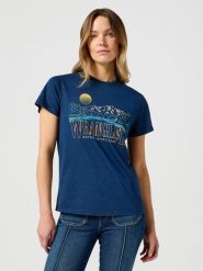 WRANGLER DAMSKA KOSZULKA WRANGLER GRAPHIC TEE NAVY 112356432. Niebieskie bluzki Wrangler, s, bez wzorów, bez kołnierzyka, bez ramiączek. Za 89.99 zł.