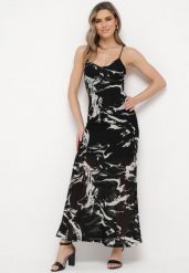 Czarna Sukienka Maxi Ozdobiona Marmurkowym Wzorem z Cienkimi Ramiączkami Fidellma. Czarne sukienki Born2be, m, bez wzorów, eleganckie, bez kołnierzyka, bez ramiączek, maxi, rozkloszowane. Za 129.99 zł.