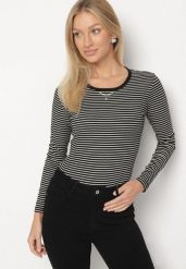 Czarna Bluzka Typu Longsleeve w Paski Ozdobiona Cyrkoniami Ralinella. Czarne bluzki Born2be, l, z aplikacjami, z jeansu, eleganckie, bez kołnierzyka, bez ramiączek. Za 49.99 zł.