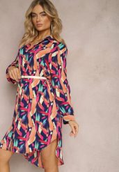 Granatowo-Różowa Długa Koszula na Guziki z Geometrycznymi Wzorami Lakiria. Niebieskie koszule Renee, xl, bez wzorów, z jeansu, eleganckie, bez kołnierzyka, bez ramiączek. Za 89.99 zł.