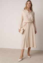 Beżowa Wiskozowa Sukienka Koszulowa z Marszczeniem i Guzikiem w Talii Lennatha. Brązowe sukienki Born2be, na co dzień, l, bez wzorów, z materiału, eleganckie, bez kołnierzyka, bez ramiączek, koszulowe. Za 149.99 zł.