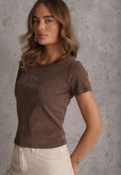 Brązowy T-shirt z Bawełny Ozdobiony Sercem z Cyrkonii Amythera. Brązowe t-shirty Renee, m, z aplikacjami, z bawełny, bez kołnierzyka, bez ramiączek. Za 49.99 zł.