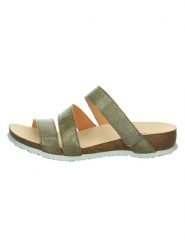 Think! Skórzane klapki "Julia" w kolorze zielonym rozmiar: 40. Zielone klapki Think!, bez wzorów, z otwartym noskiem, bez obcasa, na koturnie. Za 201.55 zł.