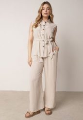 Beżowy Wiskozowy Komplet Szerokie Spodnie i Koszula Bez Rękawów z Wiązaniem Zanran. Brązowe koszule Born2be, l, bez wzorów, z tkaniny, eleganckie, bez kołnierzyka, bez ramiączek. Za 139.99 zł.