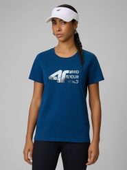 4F T-shirt regular z nadrukiem damski - turkusowy M. Niebieskie t-shirty 4f, m, bez wzorów, z bawełny, bez kołnierzyka, bez ramiączek. W wyprzedaży za 29.99 zł.