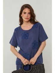 Rodier Lin Lniana koszulka w kolorze granatowym rozmiar: XL/XXL. Niebieskie bluzki Rodier Lin, xl, bez wzorów, ze lnu, bez kołnierzyka, bez ramiączek. Za 149.66 zł.