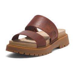 Klapki damskie Timberland Clairemont Way. Brązowe klapki Timberland, bez wzorów, bez obcasa. Za 359.99 zł.