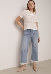 Niebieskie Szerokie Jeansy Ozdobione na Dole Koronką Salioneth. Niebieskie spodnie materiałowe Born2be, na co dzień, l, z aplikacjami, z bawełny, z podwyższonym stanem. Za 109.99 zł.