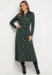 Zielona Koszulowa Sukienka z Wiskozą w Ornamentalny Wzór z Wiązanym Paskiem Evathria. Zielone sukienki Born2be, na co dzień, l, bez wzorów, z wiskozy, eleganckie, bez kołnierzyka, bez ramiączek, maxi, koszulowe. Za 159.99 zł.