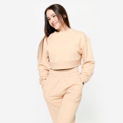 Bluza do treningu siłowego damska Domyos crop. Brązowe bluzy DOMYOS, s, bez wzorów, z bawełny, bez kaptura. Za 129.99 zł.