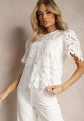 Biała Elegancka Bluzka z Ażurowym Wzorem i Koronką Sylphina. Białe bluzki Renee, s, w ażurowe wzory, z koronki, eleganckie, bez kołnierzyka, bez ramiączek. W wyprzedaży za 48.99 zł.