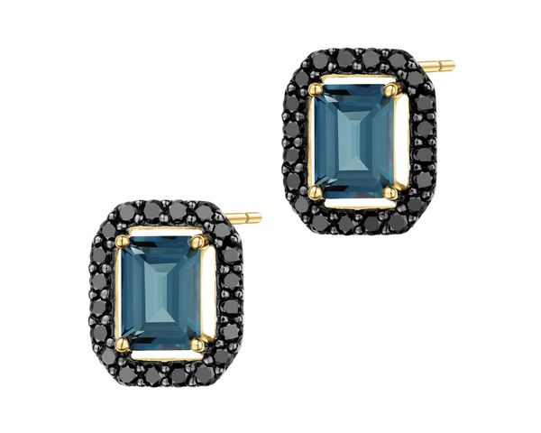 Kolczyki z żółtego złota z czarnymi brylantami i topazami London Blue - próba 585. Czarne kolczyki Apart, z brylantem, złote. Za 4,190.00 zł.