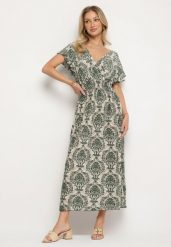 Zielona Sukienka w Etno Wzór z Falbankami i Gumką w Pasie Ellivira. Zielone sukienki Born2be, na co dzień, l, bez wzorów, eleganckie, bez kołnierzyka, bez ramiączek, maxi, kopertowe. Za 49.99 zł.