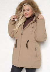 Ciemnobeżowa Kurtka Parka Ocieplana z Troczkami i Odpinanym Kapturem Innorina. Brązowe kurtki Born2be, xl, z jeansu. Za 289.99 zł.