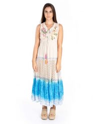 Isla Bonita by SIGRIS Sukienka w kolorze kremowo-niebieskim rozmiar: XL. Brązowe sukienki Isla Bonita by SIGRIS, xl, z aplikacjami, z bawełny, bez kołnierzyka, bez ramiączek, maxi, rozkloszowane. Za 105.63 zł.