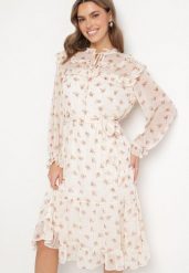 Jasnobeżowa Sukienka Rozkloszowana Wiązana w Talii i Pod Dekoltem w Kwiaty Ronarae. Brązowe sukienki Born2be, na co dzień, na lato, l, bez wzorów, eleganckie, bez kołnierzyka, bez ramiączek, midi, rozkloszowane. W wyprzedaży za 152.99 zł.